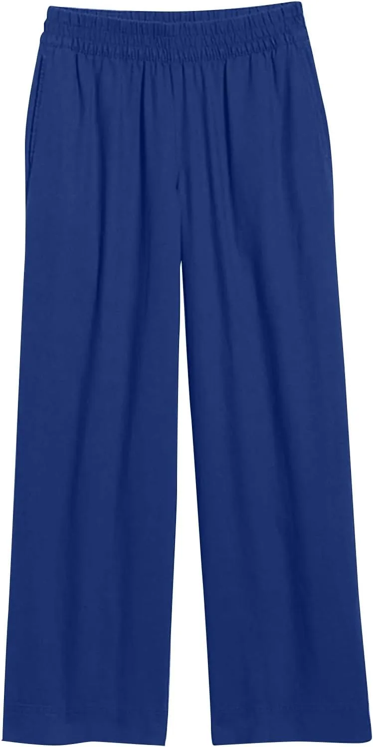 Wide Leg Linen Pants for Women Smocked Elastic High Waisted Palazzo Pants Summer Flowy Beach Trousers with Pockets