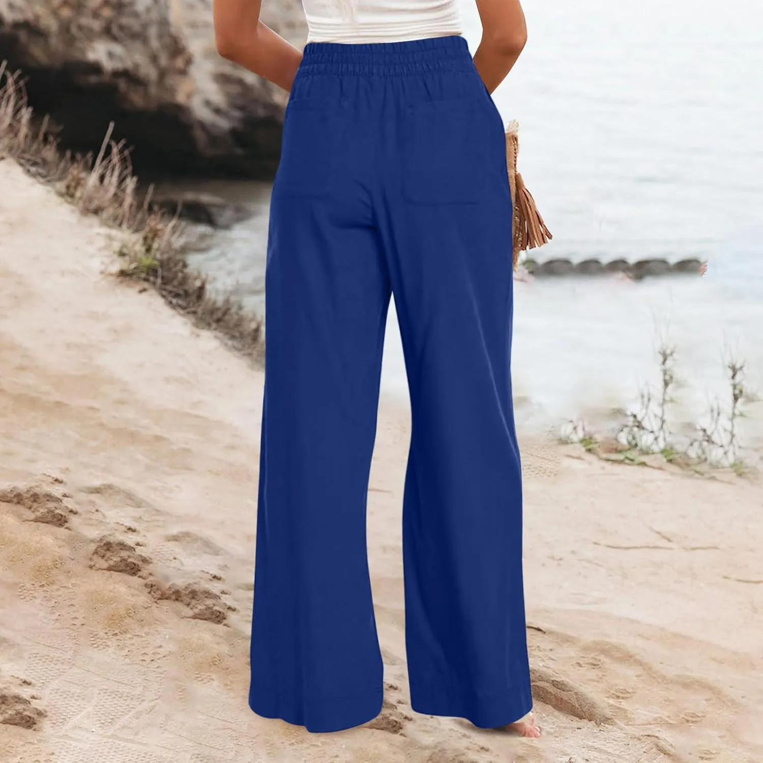 Wide Leg Linen Pants for Women Smocked Elastic High Waisted Palazzo Pants Summer Flowy Beach Trousers with Pockets