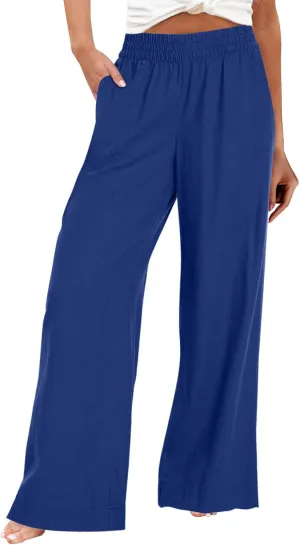 Wide Leg Linen Pants for Women Smocked Elastic High Waisted Palazzo Pants Summer Flowy Beach Trousers with Pockets