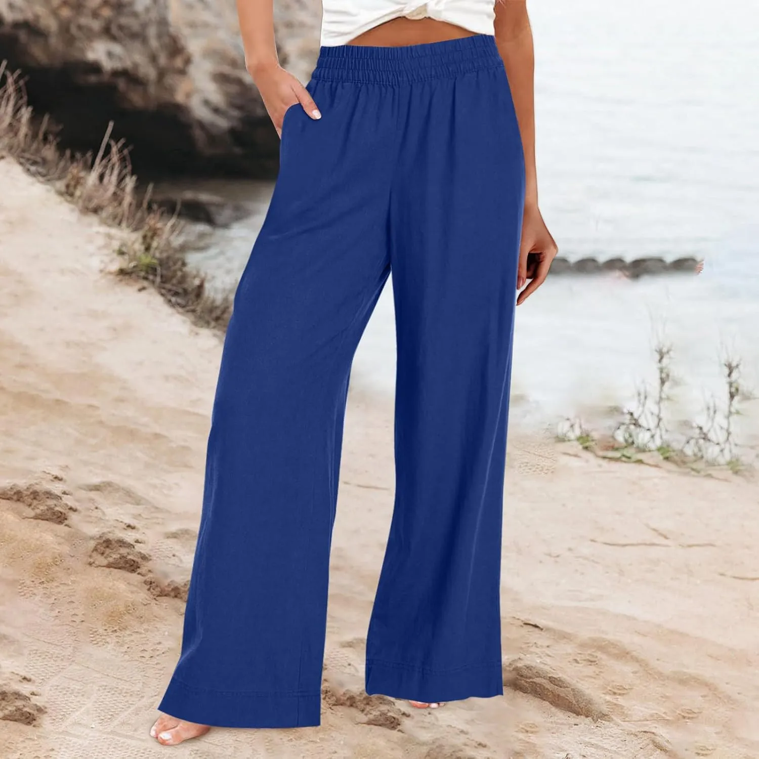 Wide Leg Linen Pants for Women Smocked Elastic High Waisted Palazzo Pants Summer Flowy Beach Trousers with Pockets