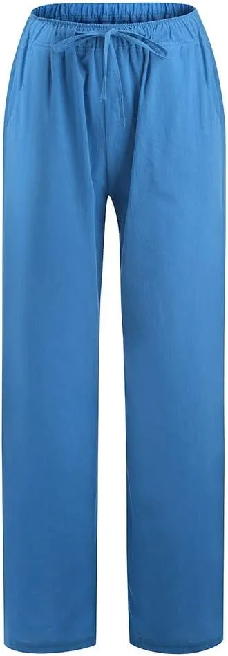 Wide Leg Linen Pants for Women Summer Smocked Elastic High Waisted Palazzo Pants Flowy Casual Loose Fit Beach Trousers