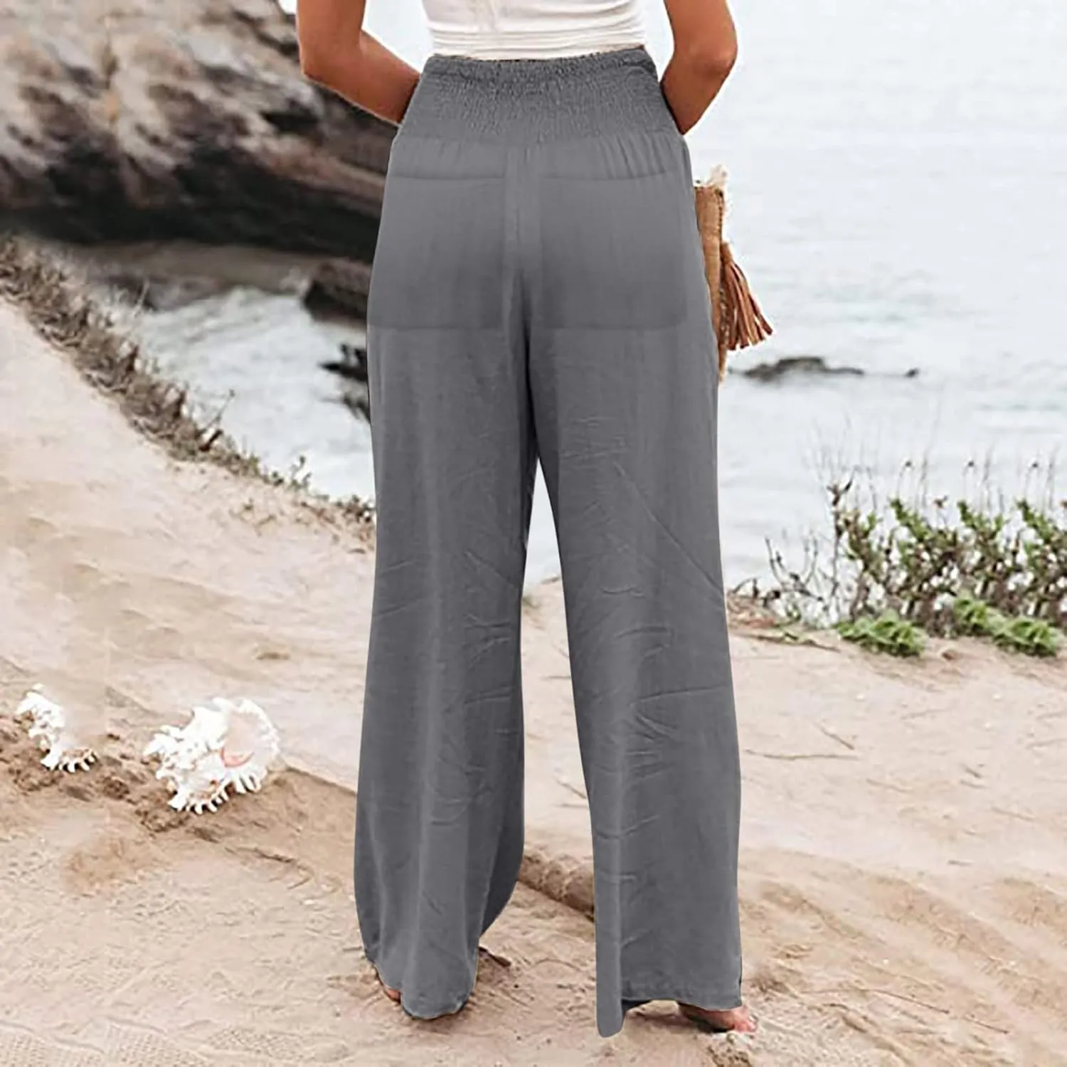 Wide Leg Linen Pants for Women Summer Smocked Elastic High Waisted Palazzo Pants Flowy Casual Loose Fit Beach Trousers