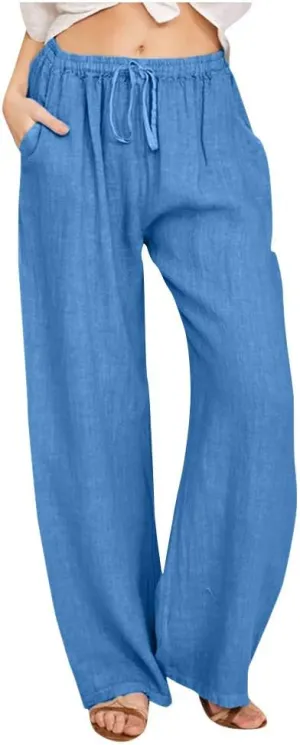 Wide Leg Linen Pants for Women Summer Smocked Elastic High Waisted Palazzo Pants Flowy Casual Loose Fit Beach Trousers