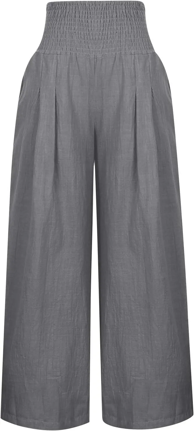 Wide Leg Linen Pants for Women Summer Smocked Elastic High Waisted Palazzo Pants Flowy Casual Loose Fit Beach Trousers