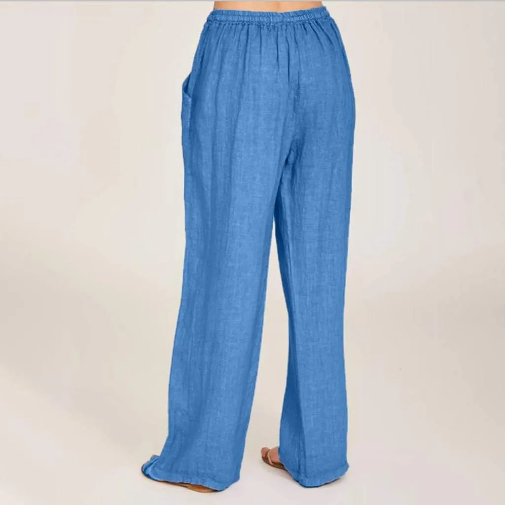 Wide Leg Linen Pants for Women Summer Smocked Elastic High Waisted Palazzo Pants Flowy Casual Loose Fit Beach Trousers
