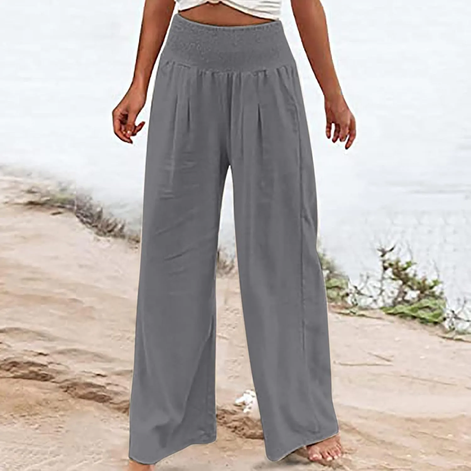Wide Leg Linen Pants for Women Summer Smocked Elastic High Waisted Palazzo Pants Flowy Casual Loose Fit Beach Trousers