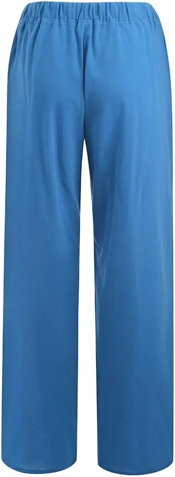 Wide Leg Linen Pants for Women Summer Smocked Elastic High Waisted Palazzo Pants Flowy Casual Loose Fit Beach Trousers