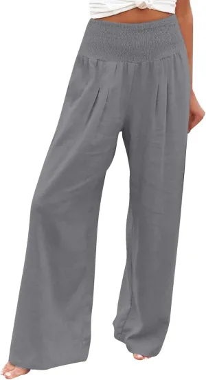 Wide Leg Linen Pants for Women Summer Smocked Elastic High Waisted Palazzo Pants Flowy Casual Loose Fit Beach Trousers