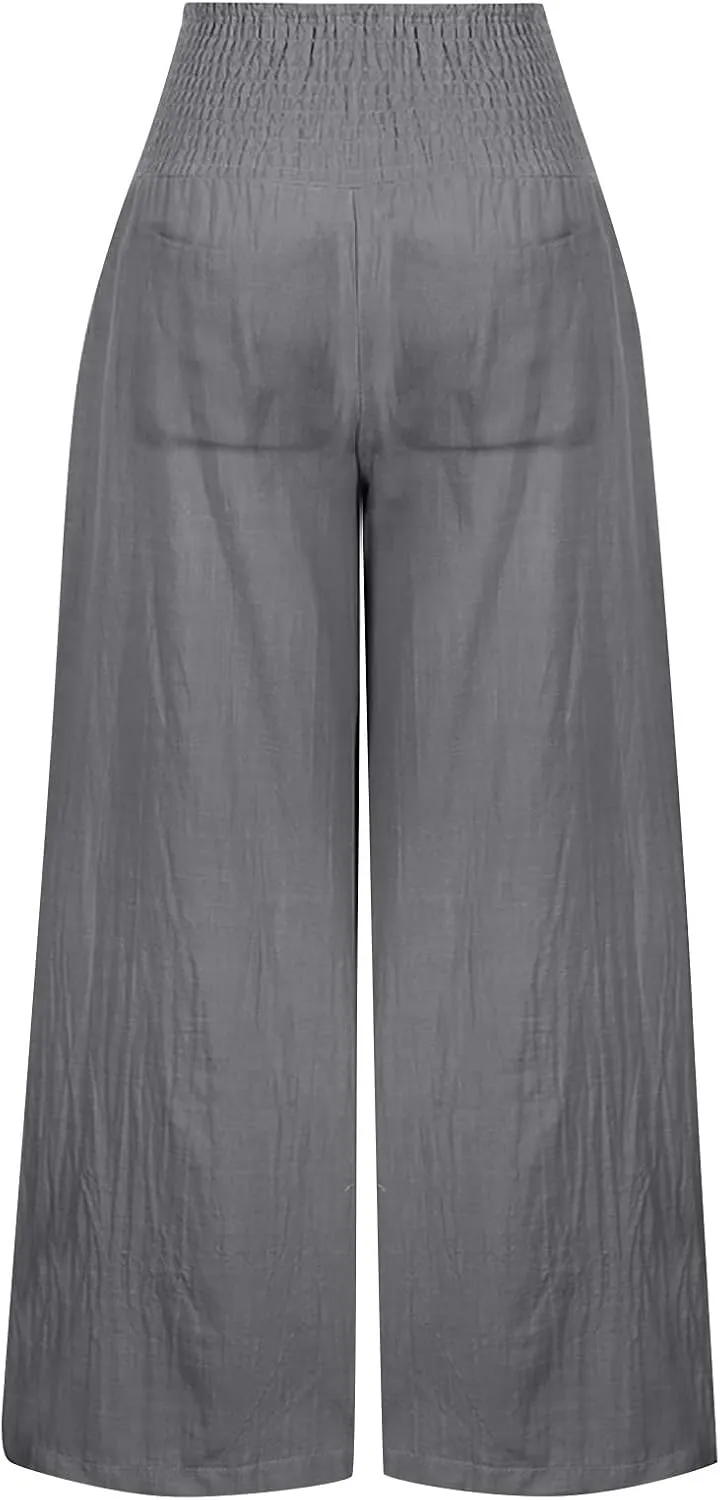 Wide Leg Linen Pants for Women Summer Smocked Elastic High Waisted Palazzo Pants Flowy Casual Loose Fit Beach Trousers