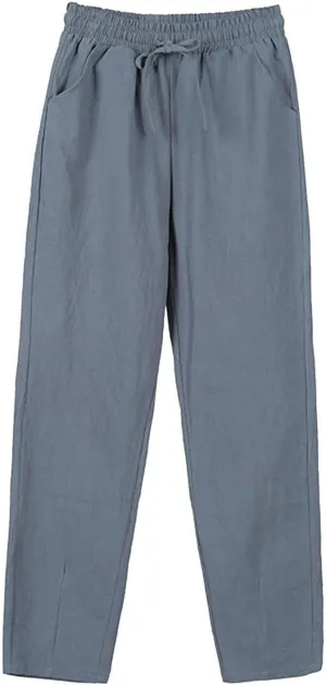Wide Leg Linen Pants Women Hight Elastic Waisted Palazzo Pants Breathable Vacation Summer Casual Beach Trousers