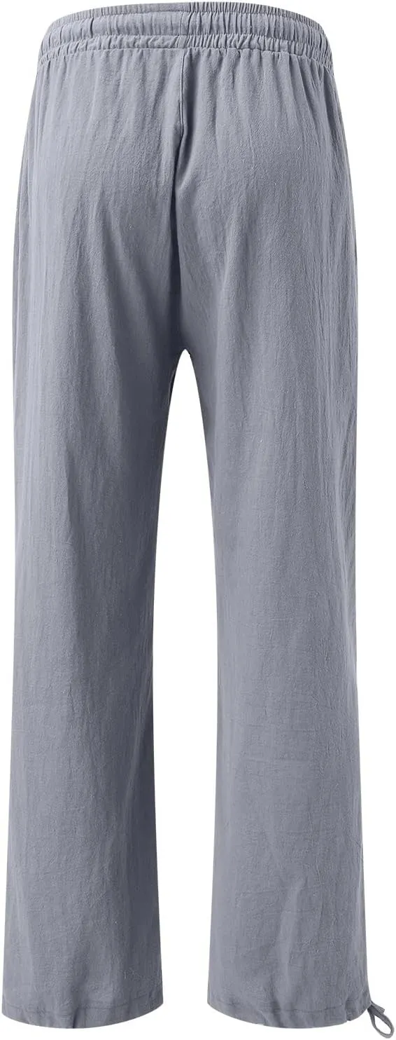 Wide Leg Linen Pants Women Summer Boho Palazzo Pants Casual Drawstring High Waisted Flowy Beach Pants with Pockets