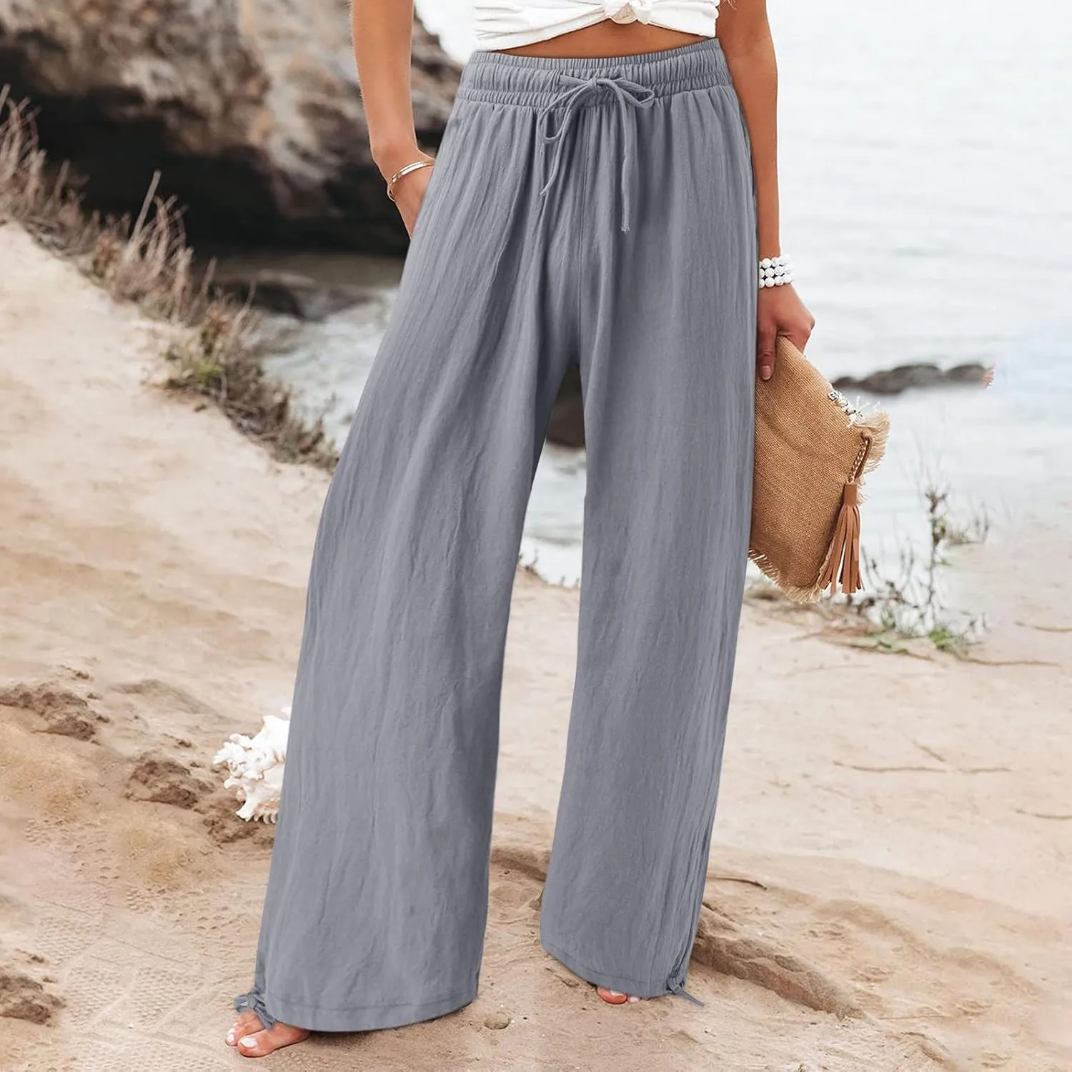Wide Leg Linen Pants Women Summer Boho Palazzo Pants Casual Drawstring High Waisted Flowy Beach Pants with Pockets