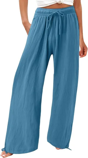 Wide Leg Linen Pants Women Summer Boho Palazzo Pants Casual Drawstring High Waisted Flowy Beach Pants with Pockets