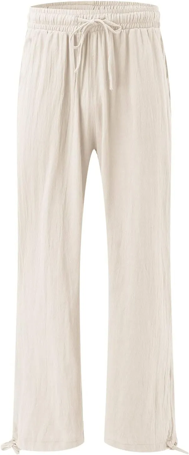 Wide Leg Linen Pants Women Summer Boho Palazzo Pants Casual Drawstring High Waisted Flowy Beach Pants with Pockets