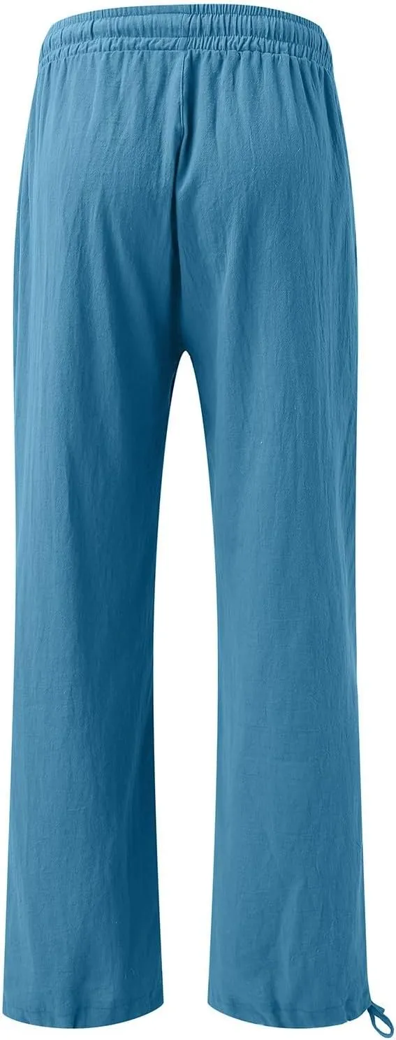 Wide Leg Linen Pants Women Summer Boho Palazzo Pants Casual Drawstring High Waisted Flowy Beach Pants with Pockets