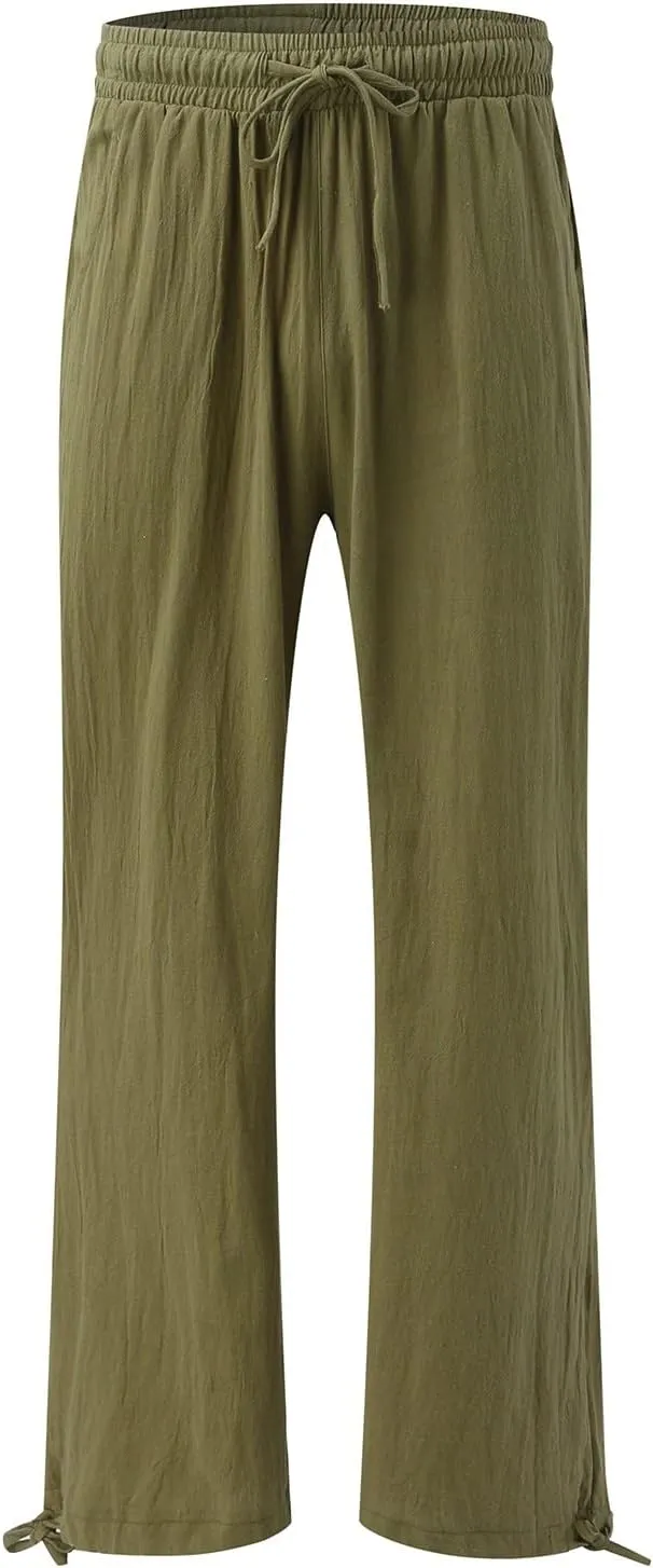 Wide Leg Linen Pants Women Summer Boho Palazzo Pants Casual Drawstring High Waisted Flowy Beach Pants with Pockets
