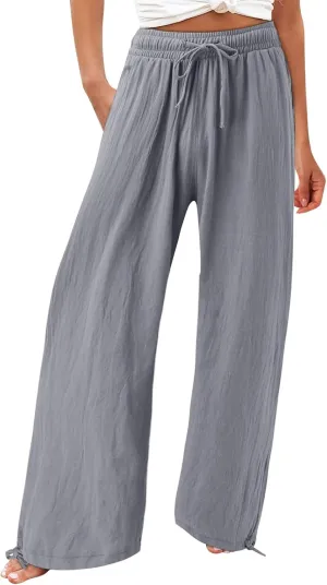 Wide Leg Linen Pants Women Summer Boho Palazzo Pants Casual Drawstring High Waisted Flowy Beach Pants with Pockets