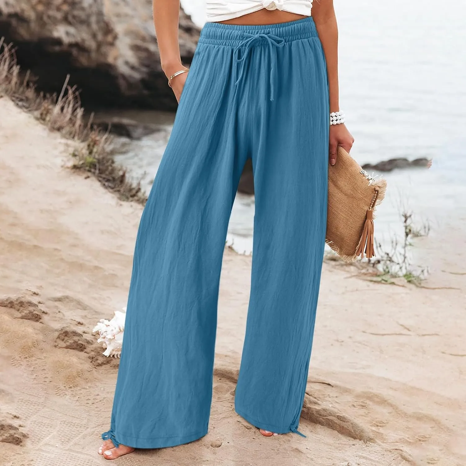 Wide Leg Linen Pants Women Summer Boho Palazzo Pants Casual Drawstring High Waisted Flowy Beach Pants with Pockets