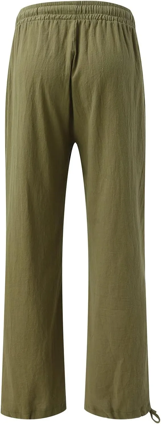 Wide Leg Linen Pants Women Summer Boho Palazzo Pants Casual Drawstring High Waisted Flowy Beach Pants with Pockets