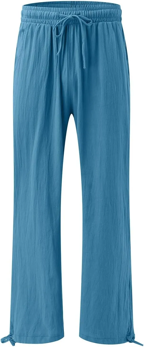 Wide Leg Linen Pants Women Summer Boho Palazzo Pants Casual Drawstring High Waisted Flowy Beach Pants with Pockets