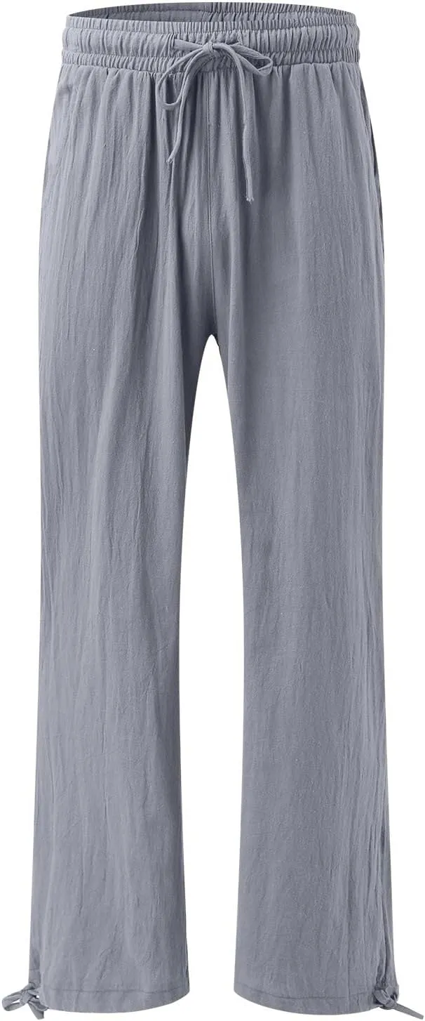 Wide Leg Linen Pants Women Summer Boho Palazzo Pants Casual Drawstring High Waisted Flowy Beach Pants with Pockets