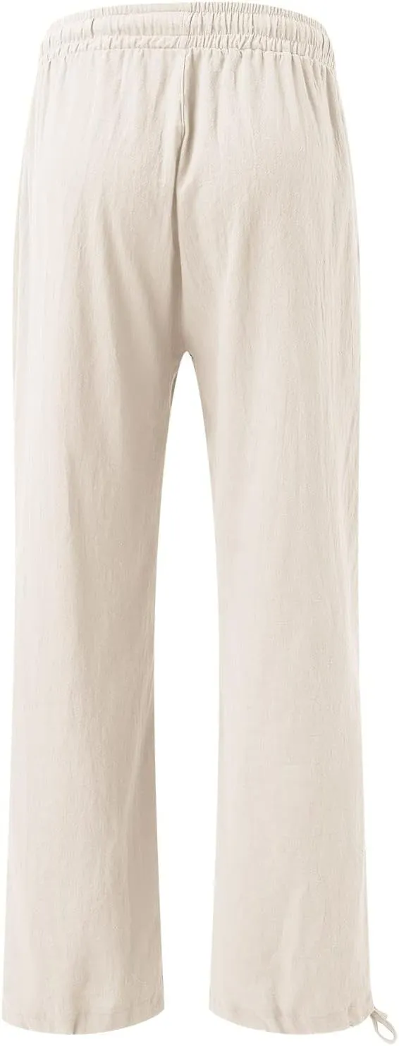 Wide Leg Linen Pants Women Summer Boho Palazzo Pants Casual Drawstring High Waisted Flowy Beach Pants with Pockets