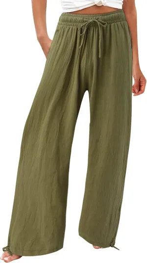 Wide Leg Linen Pants Women Summer Boho Palazzo Pants Casual Drawstring High Waisted Flowy Beach Pants with Pockets