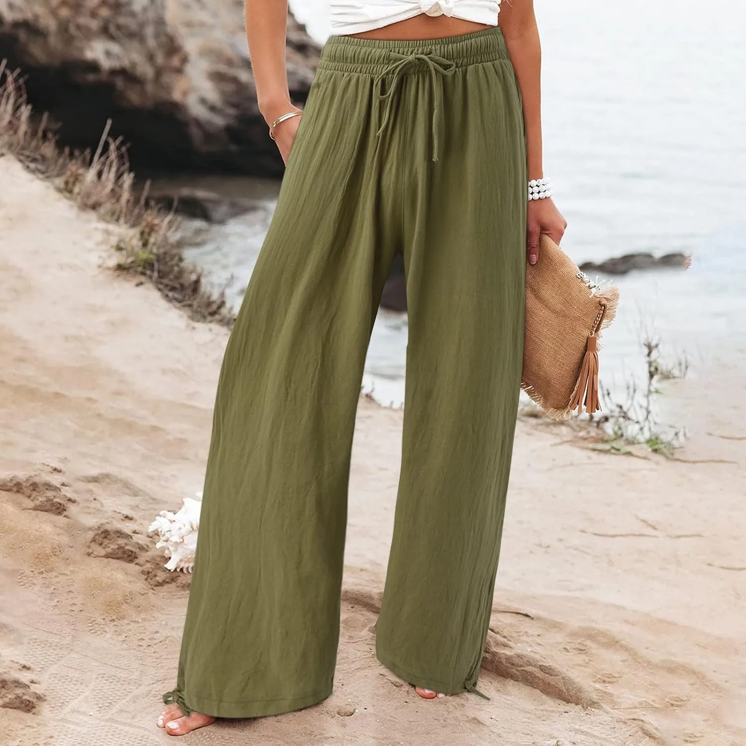 Wide Leg Linen Pants Women Summer Boho Palazzo Pants Casual Drawstring High Waisted Flowy Beach Pants with Pockets
