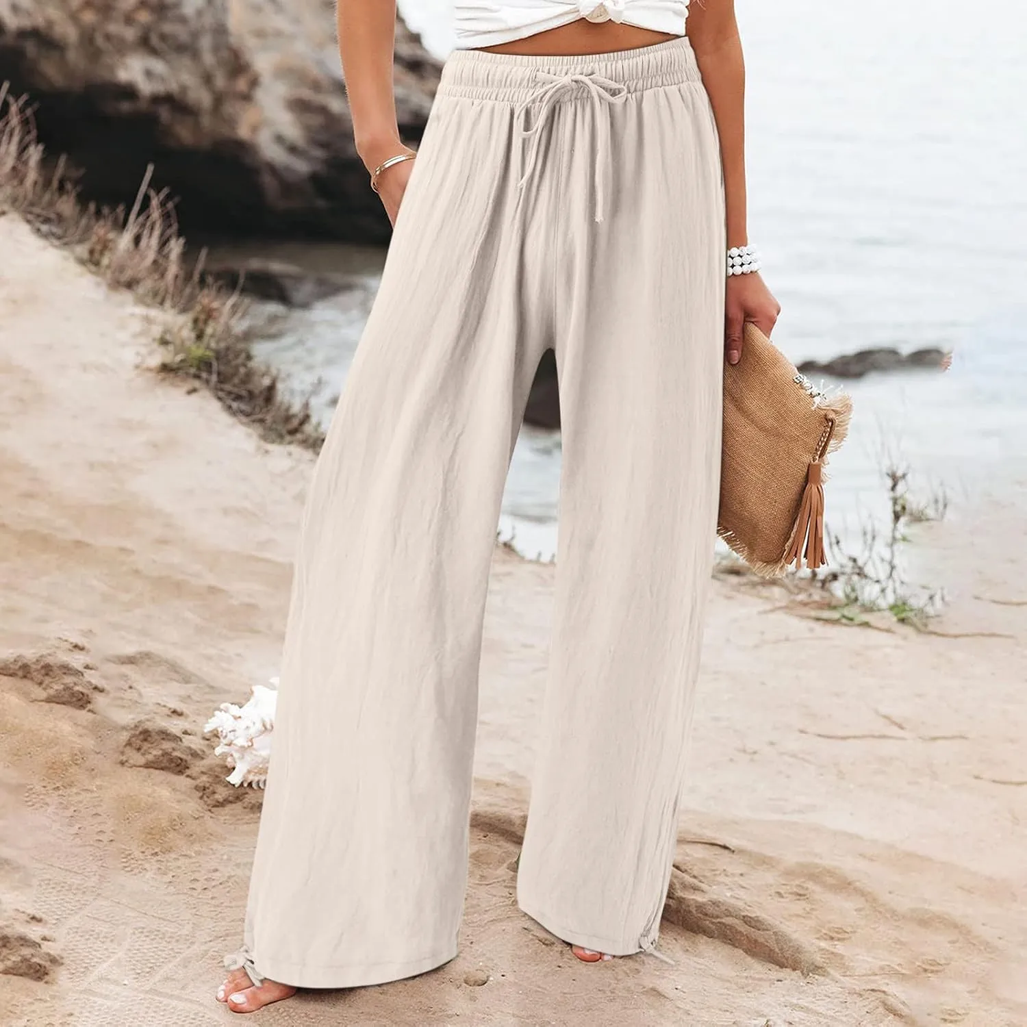 Wide Leg Linen Pants Women Summer Boho Palazzo Pants Casual Drawstring High Waisted Flowy Beach Pants with Pockets