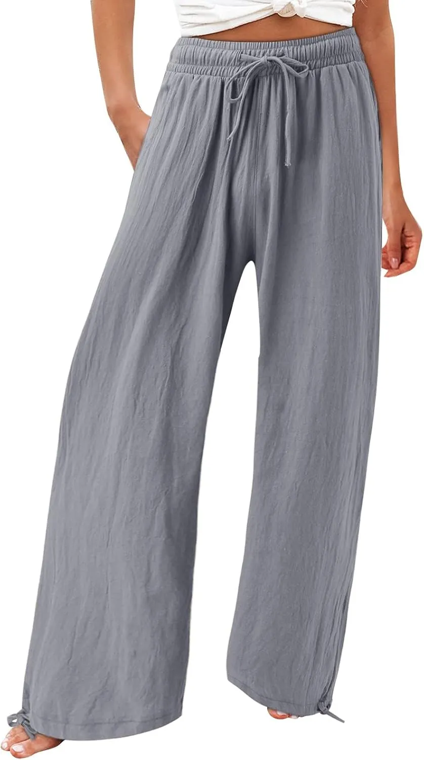 Wide Leg Linen Pants Women Summer Boho Palazzo Pants Casual Drawstring High Waisted Flowy Beach Pants with Pockets