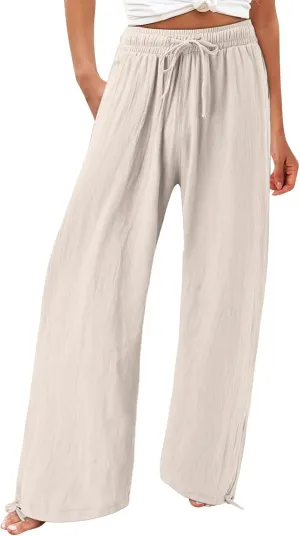 Wide Leg Linen Pants Women Summer Boho Palazzo Pants Casual Drawstring High Waisted Flowy Beach Pants with Pockets