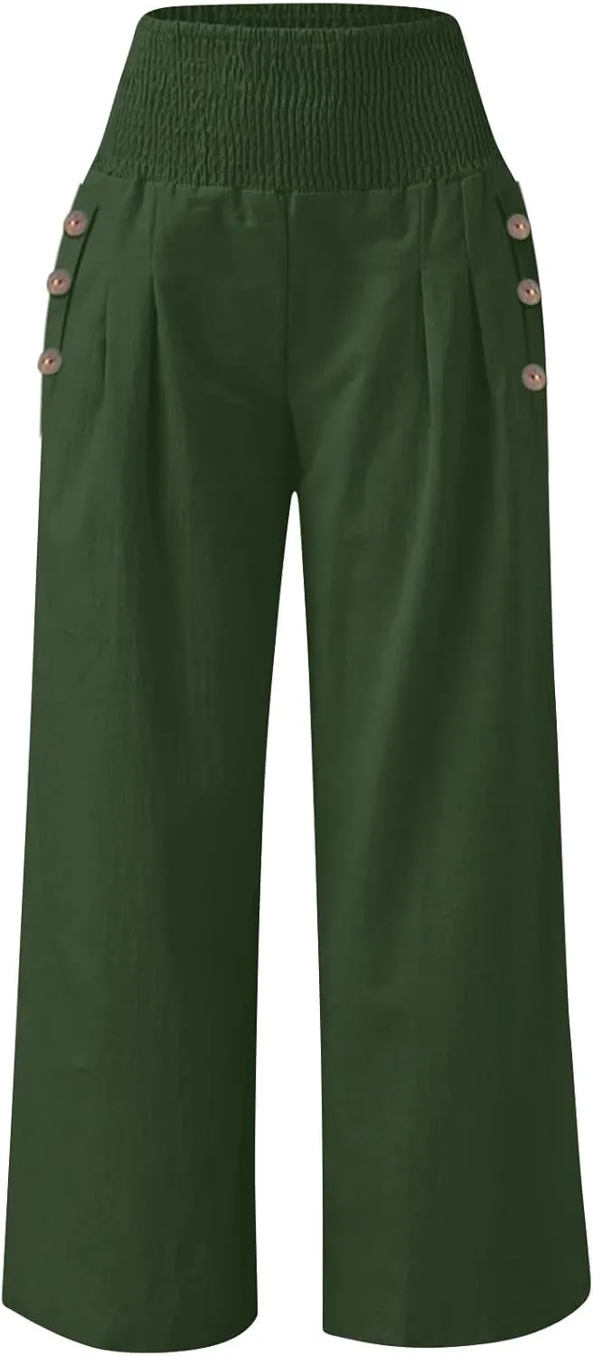 Wide Leg Linen Pants Women Summer Stretch Smocked High Waisted Palazzo Pants 2025 Vacation Casual Beach Travel Pants