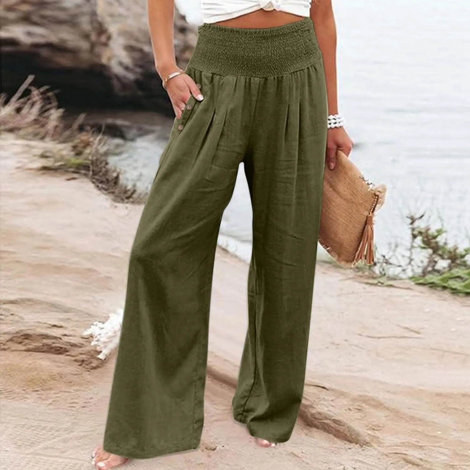Wide Leg Linen Pants Women Summer Stretch Smocked High Waisted Palazzo Pants 2025 Vacation Casual Beach Travel Pants
