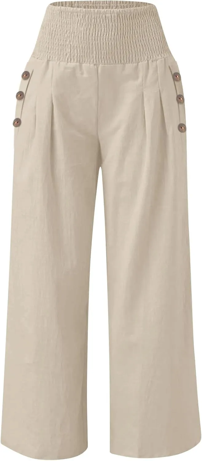 Wide Leg Linen Pants Women Summer Stretch Smocked High Waisted Palazzo Pants 2025 Vacation Casual Beach Travel Pants