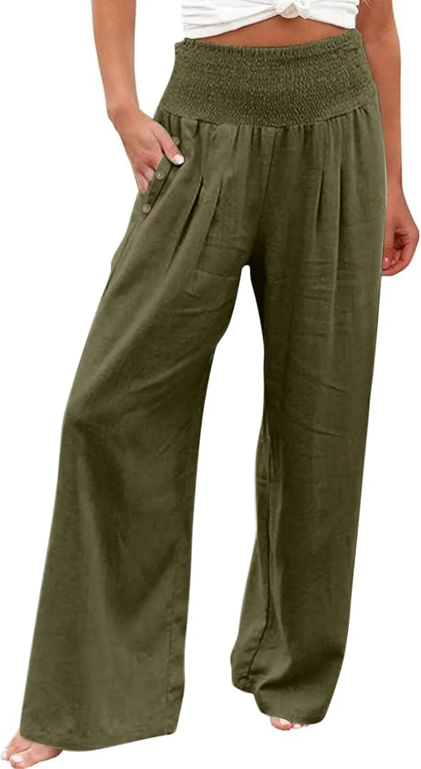 Wide Leg Linen Pants Women Summer Stretch Smocked High Waisted Palazzo Pants 2025 Vacation Casual Beach Travel Pants