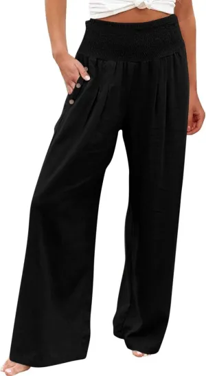 Wide Leg Linen Pants Women Summer Stretch Smocked High Waisted Palazzo Pants 2025 Vacation Casual Beach Travel Pants