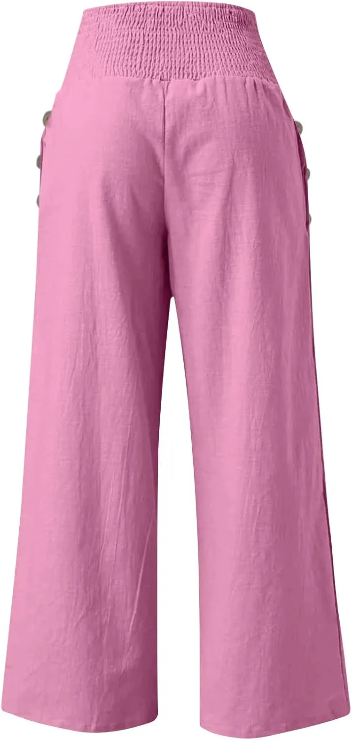 Wide Leg Linen Pants Women Summer Stretch Smocked High Waisted Palazzo Pants 2025 Vacation Casual Beach Travel Pants