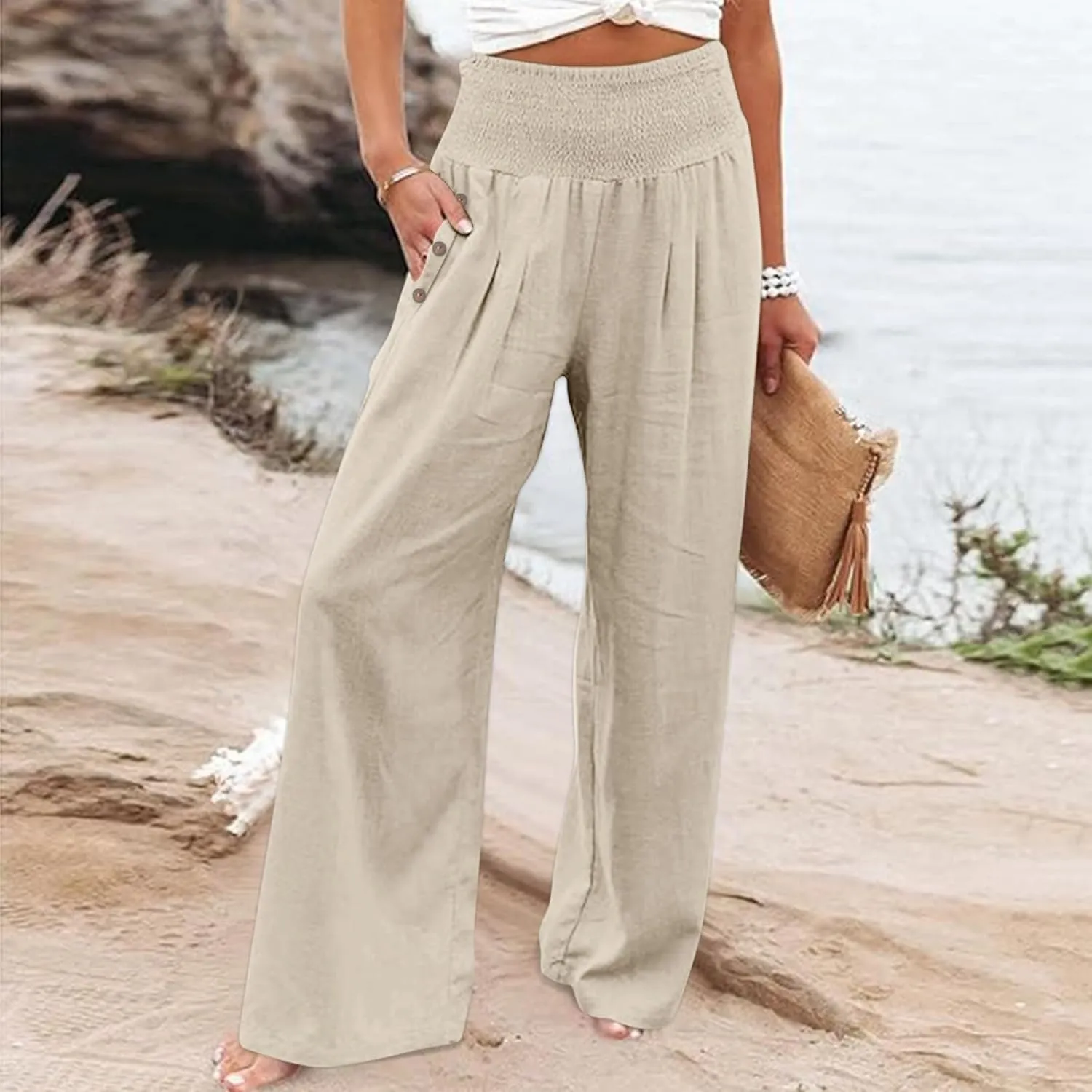 Wide Leg Linen Pants Women Summer Stretch Smocked High Waisted Palazzo Pants 2025 Vacation Casual Beach Travel Pants