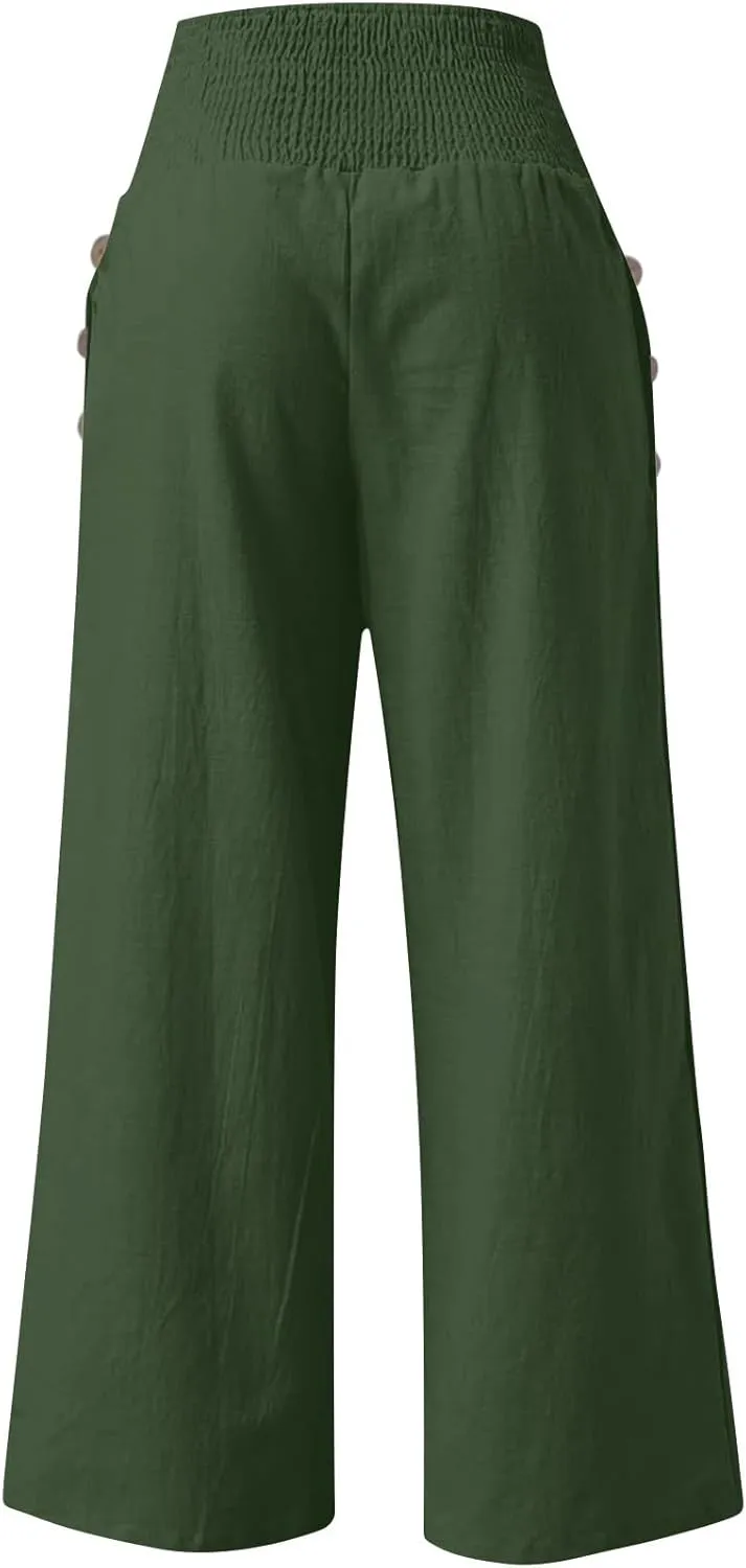 Wide Leg Linen Pants Women Summer Stretch Smocked High Waisted Palazzo Pants 2025 Vacation Casual Beach Travel Pants