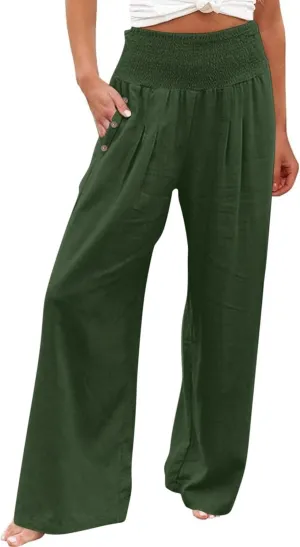 Wide Leg Linen Pants Women Summer Stretch Smocked High Waisted Palazzo Pants 2025 Vacation Casual Beach Travel Pants