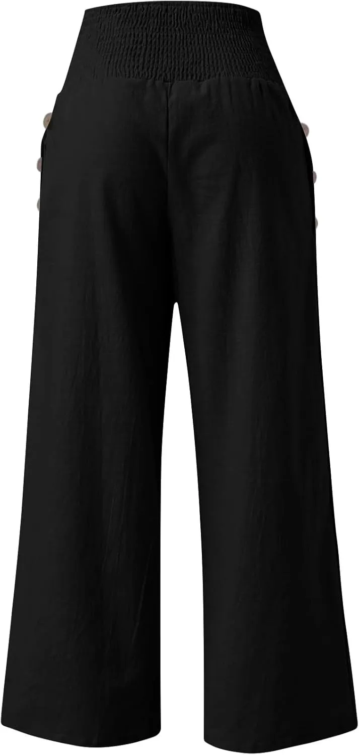 Wide Leg Linen Pants Women Summer Stretch Smocked High Waisted Palazzo Pants 2025 Vacation Casual Beach Travel Pants