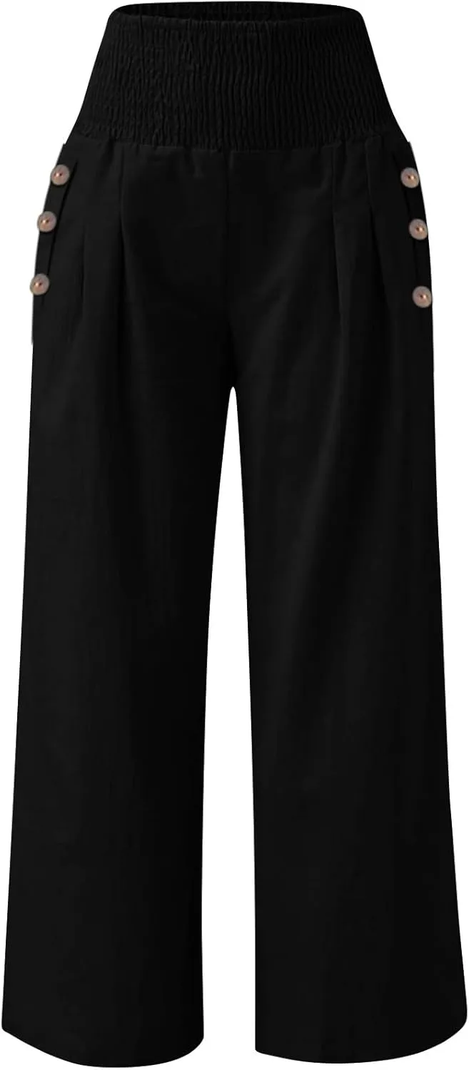 Wide Leg Linen Pants Women Summer Stretch Smocked High Waisted Palazzo Pants 2025 Vacation Casual Beach Travel Pants