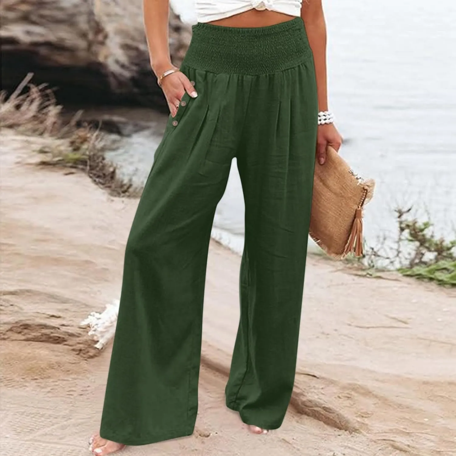 Wide Leg Linen Pants Women Summer Stretch Smocked High Waisted Palazzo Pants 2025 Vacation Casual Beach Travel Pants
