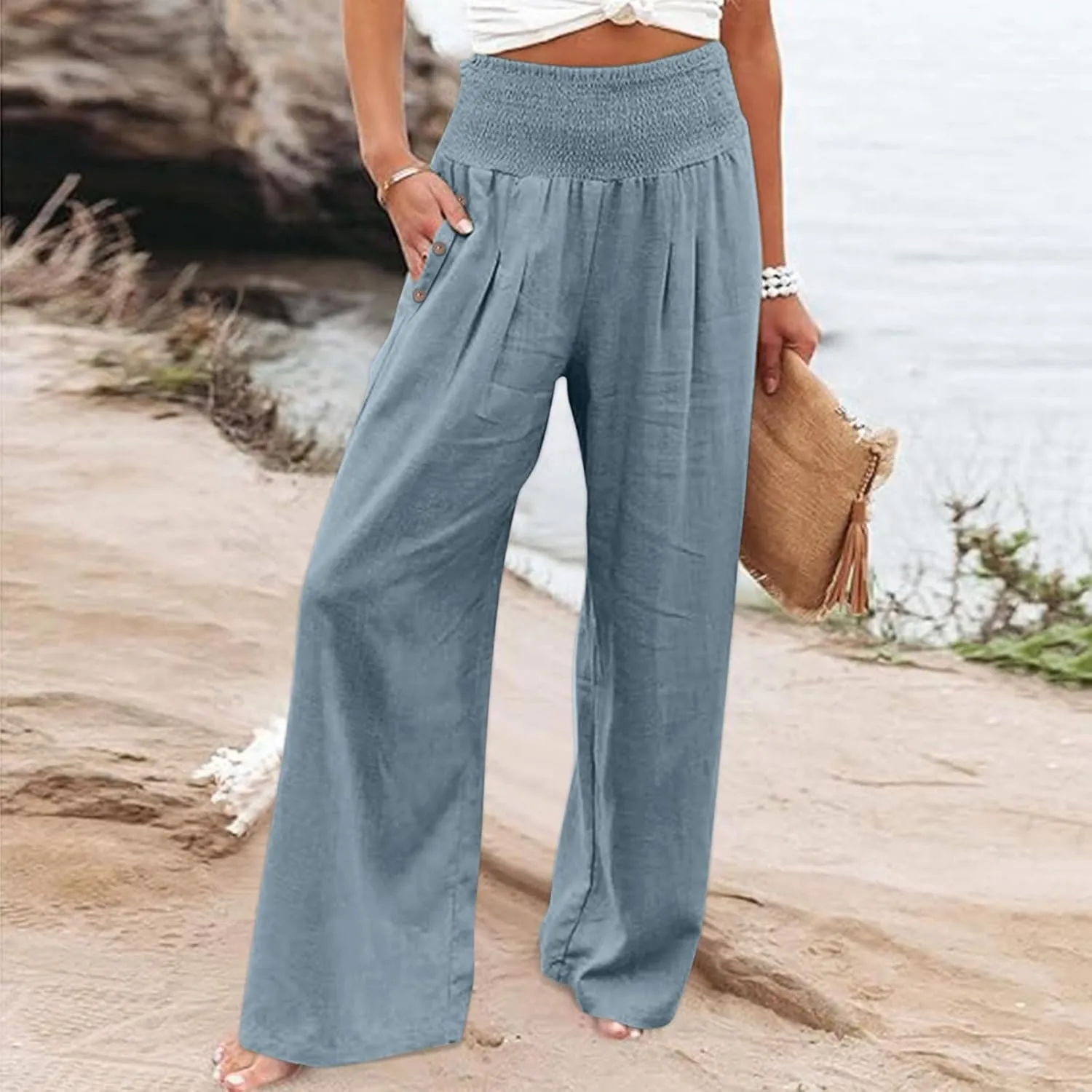 Wide Leg Linen Pants Women Summer Stretch Smocked High Waisted Palazzo Pants 2025 Vacation Casual Beach Travel Pants