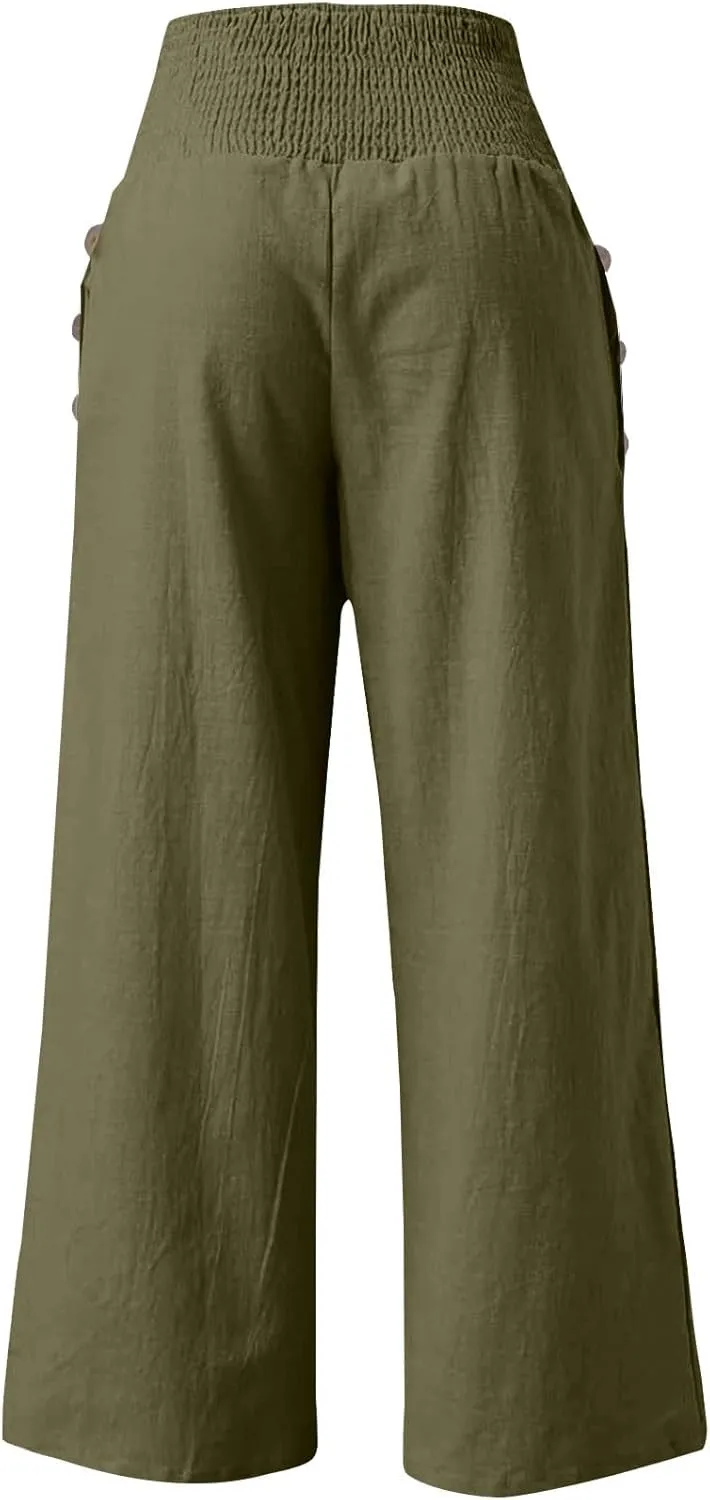 Wide Leg Linen Pants Women Summer Stretch Smocked High Waisted Palazzo Pants 2025 Vacation Casual Beach Travel Pants