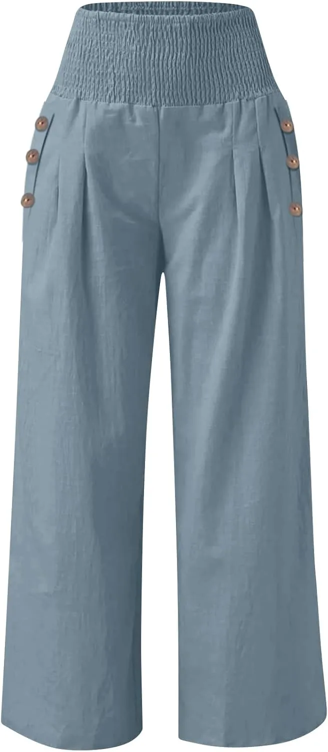 Wide Leg Linen Pants Women Summer Stretch Smocked High Waisted Palazzo Pants 2025 Vacation Casual Beach Travel Pants