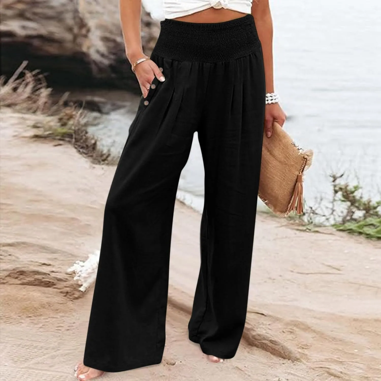 Wide Leg Linen Pants Women Summer Stretch Smocked High Waisted Palazzo Pants 2025 Vacation Casual Beach Travel Pants
