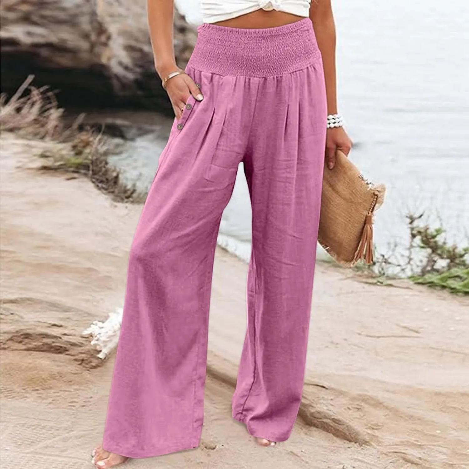 Wide Leg Linen Pants Women Summer Stretch Smocked High Waisted Palazzo Pants 2025 Vacation Casual Beach Travel Pants