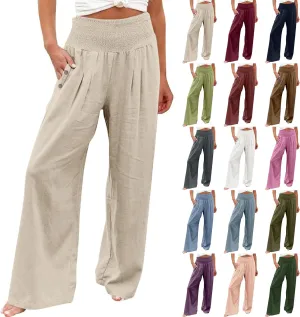 Wide Leg Linen Pants Women Summer Stretch Smocked High Waisted Palazzo Pants 2025 Vacation Casual Beach Travel Pants