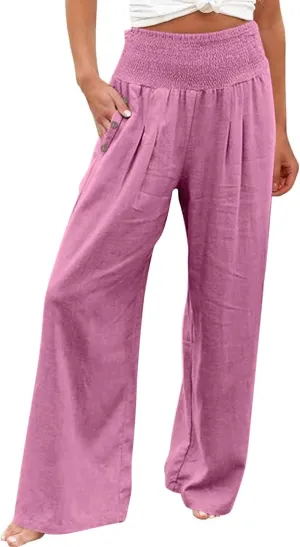 Wide Leg Linen Pants Women Summer Stretch Smocked High Waisted Palazzo Pants 2025 Vacation Casual Beach Travel Pants